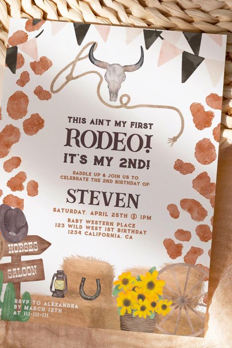 Rustic cowboy western cow first rodeo 2nd birthday invitation Western Birthday Party Invitations, Second Rodeo Birthday Party, Not My First Rodeo 2nd Birthday, Rodeo 2nd Birthday, Cowboy Themed Party, Rodeo Birthday Party, Rodeo Birthday Parties, Cow Baby Showers, Western Birthday Party