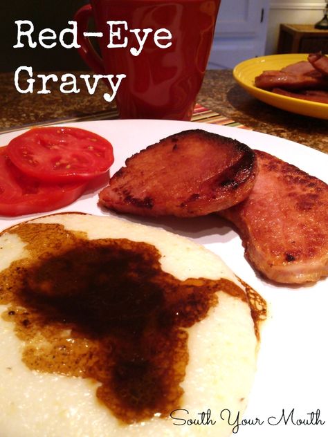 Red-Eye Gravy is a classic southern pan gravy made from country ham pan drippings. Country Ham And Red Eye Gravy, Red Gravy Southern, Gravy From Ham Drippings, Ham Gravy From Drippings, Ham Gravy, Red Eye Gravy, South Your Mouth, Pan Gravy, Country Ham