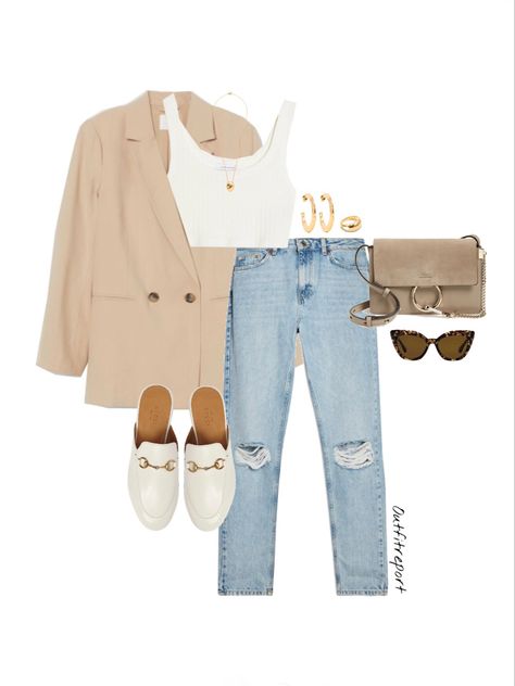 Beige Gucci Loafers Outfit, Light Denim Jeans Outfit Summer, Light Wash Denim Jeans Outfit, Light Beige Blazer Outfit Women, Light Blazer Outfit, Light Beige Blazer Outfit, Cream Loafers Outfit, Nude Loafers Outfit, Beige Loafers Outfit Women