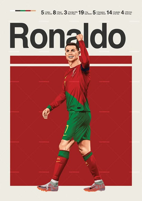 Cristiano Ronaldo poster featuring a mid century modern design style. The high-quality print showcases a beautiful digital drawing of Cristiano Ronaldo. Perfect for any Portugal fan looking to add some flair to their living space. Ronaldo Poster Design, Cr7 Poster, Cristiano Ronaldo Poster, Ronaldo Poster, Elegant Poster, Soccer Posters, Football Poster Design, Football Posters, Soccer Flags