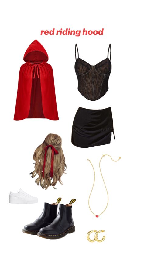 Red Hood Halloween Costume, Halloween Costumes With A Black Skirt, Diy Little Red Riding Hood Costume Women, Red Riding Hood Costume Women's, Diy Little Red Riding Hood Costume, Halloween Costume Little Red Riding Hood, Baddie Halloween, Little Red Riding Hood Halloween, Little Red Riding Hood Costume