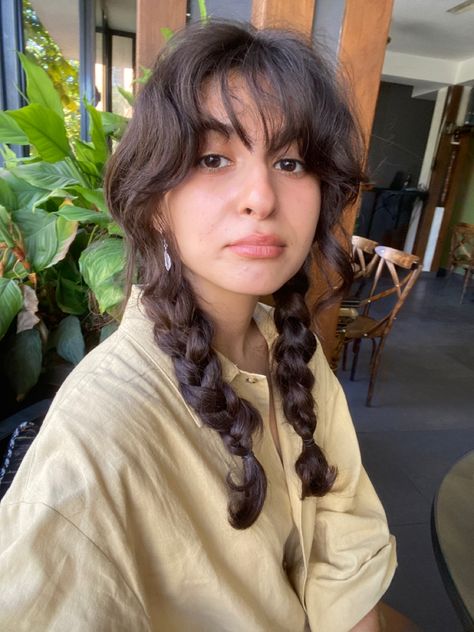 Wispy Bangs With Braids, Cool Hairstyles With Bangs, Shag Braids, 2 Loose Braids, Two Braids With Bangs, Two Messy Braids, Wavy Hair Headband, Braids Wavy Hair, Wavy Hair Braids