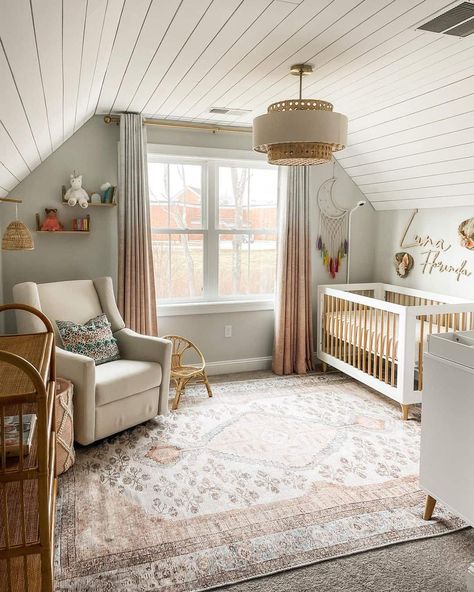 Nursery Attached To Master, Nursery Ideas Realistic, Shiplap Ceiling Nursery, Cozy Neutral Nursery Ideas, Small Nursery Ideas Slanted Roof, Nursery Loft Room, Corner Room Nursery Ideas, Attic Nursery Ideas Slanted Ceiling, Bonus Room Nursery