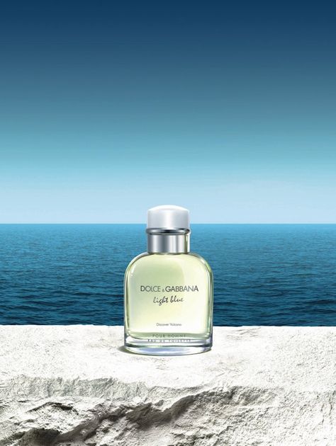 Summer Scents: Dolce & Gabbana Light Blue Discover Vulcano pour Homme image light blue vulcano Ocean Product Photography, Light Blue Dolce Gabbana, Dolce And Gabbana Perfume, Light Blue Perfume, Summer Scents, Summer 2024 Fashion, Clean Perfume, Cologne Scents, Fragrance Photography