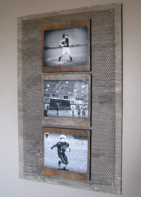 DIY Industrial boys room wall photo collage. I antigued an old wood board, cut metal, then mod podged black & white photos to individual wood boards. Industrial Boys Rooms, Wall Photo Collage, Baseball Bedroom, Industrial Wall Art, Sport Bedroom, Baseball Room, Teen Boy Room, Teen Boy Bedroom, Wall Photo