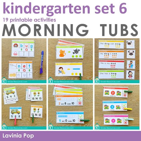 Kindergarten Morning Tubs | Bins Set 6. 19 printable math and literacy activities. FREEBIES to download on the blog. Morning Bins, Lavinia Pop, Kindergarten Freebies, Morning Tubs, Kindergarten Prep, Preschool Centers, Sight Word Reading, How To Teach Kids, Kindergarten Centers