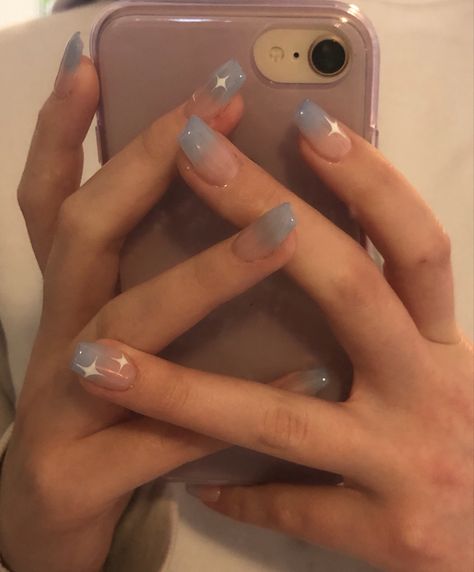 Clear Blue French Tip Nails, Light Blue Ombre Nails Short, Blue And White Nails French Tip, Gel Nails Graduation, Light Blue Ombré Nails, Translucent Blue Nails, Blue Dress Nail Ideas, Sky Blue French Tip 1.5, Clear Blue Nails