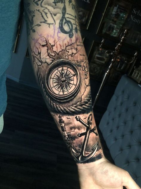 Anchor Sleeve Tattoo, Anchor Compass Tattoo, Nautical Sleeve, Nautical Compass Tattoo, Adler Tattoo, Nautical Tattoo Sleeve, Hirsch Tattoo, Anchor Tattoo Design, Compass Tattoo Design