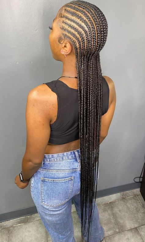 Summer Braids For Black Women Cornrow, Long Small Cornrows, Medium Stitch Braids, Cornrows With Color, Cornrow Ideas For Black Women, Straightback Cornrows Braids, Conrows Lines And Braids, Long Cornrows, Corn Rolls