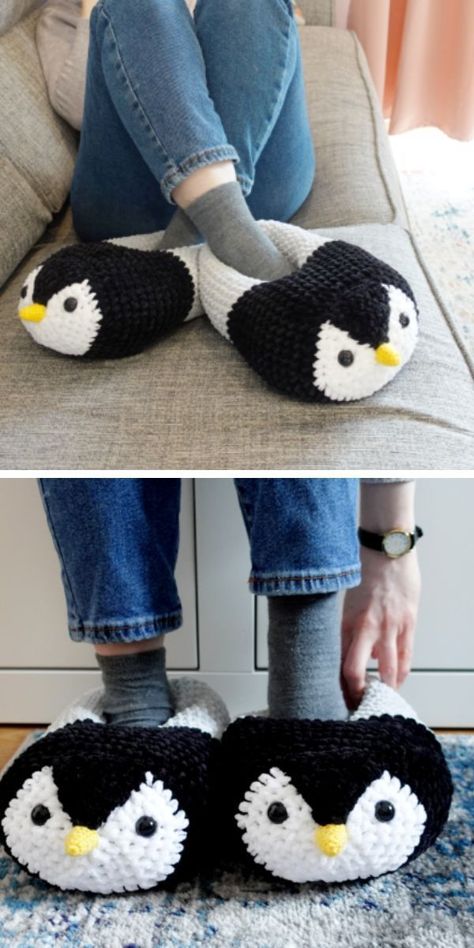 Cute Crochet Slippers, Quick And Easy Free Crochet Patterns, Crochet For Couples, Slippers Boot, Crochet Room, Random Crochet, Crocheted Slippers, Crochet Slipper, Crochet Penguin