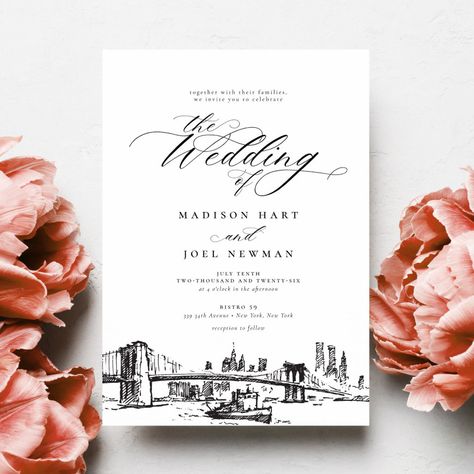 Brooklyn Bridge Wedding, City Wedding Invitations, Bridge Wedding, Gift Calligraphy, Popular Wedding Invitations, Chic Wedding Invitations, Black And White Wedding Invitations, Rustic Wedding Venues, Classic Wedding Invitations