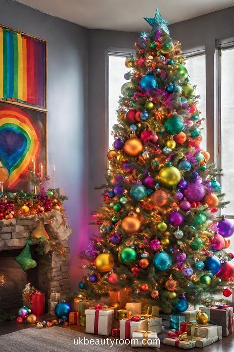 Christmas Tree Color Schemes 2024, Unique Christmas Colors, Colorful Christmas Tree Decorations, Multi Color Christmas Tree Decorations, Multicolor Christmas Tree Decorations, Bright Colored Christmas Tree, Rainbow Christmas Tree Decorations, Christmas Bungalow, Rainbow Christmas Decorations