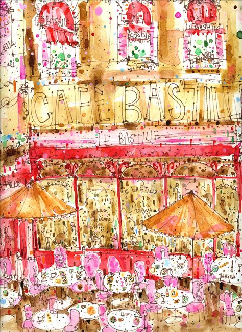 Cafe Bastille Paris pen and ink ltd edition print by Clare Caulfield at Heart Gallery Claire Caulfield, Clare Foley, Clare Caulfield, Daily Sketchbook, City Images, Carnival Posters, Watercolor Ink, Art Programs, Urban Sketching