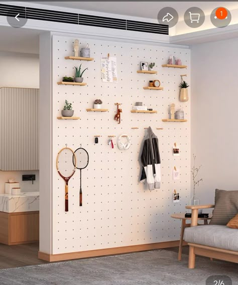 Hole Board Wall, Pegboard Wall Ideas Office, Plywood Pegboard Wall, Custom Pegboard, Modern Pegboard, Peg Board Walls, Mud Room Entry, Cleaning Inspiration, Jewelry Store Design