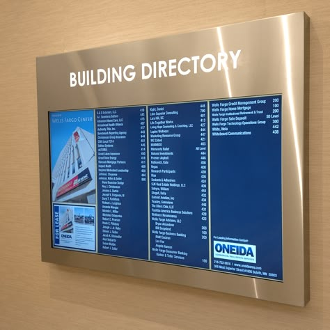 Digital Directory Signage, Hospital Directory, Digital Media Wall, Factory Signage, Digital Wayfinding, Directory Signage, Wells Fargo Center, Hospital Interior, Office Space Design