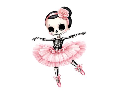 Chibi Skeleton, Skeleton Ballerina, Skeleton Clipart, Ballerina Clipart, Pink Clipart, Halloween Promotions, Skeleton Illustration, Cute Skeleton, Halloween Tattoos