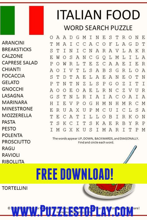 It's Italian Food! Delicious! This Italian Word Search Puzzle is going to make you hungry. Free download! Printable puzzle worksheet game! Italian Games For Adults, Italian Party Games For Adults, Italian Games, Italian Themed Games, Italian Themed Party Games, Pizza Bingo Free Printable, Tour Of Italy Theme Party Food, Pizza Word Search, Italian Party Decorations