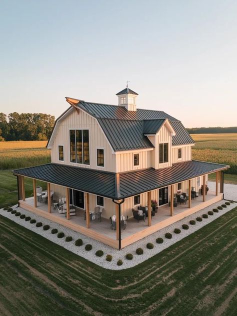 White Farmhouse Barndominium, Traditional Barndominium, Rustic Farmhouse Outside, Barndominium Landscaping Ideas, Barndominium Inside, Country Homes Farmhouse, Luxury Homestead, White Barndominium Exterior, Equestrian House