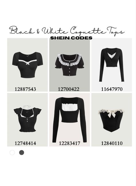 Shein Codes #coquettefashion #coquette Coquette Tops Shein, Shein Fits With Code, Shein Shirts Codes, Coquette Shein Outfits, Dark Coquette Outfits Summer, Coquette Clothes Shein, Black And White Coquette Outfit, H&m Coquette Finds, Shein Coquette Codes