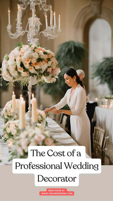 Professional wedding decorator arranging elegant floral centerpieces and lighting in a beautifully decorated wedding venue. Beautiful Wedding Decor, Wedding Decorator, Tips For Saving Money, Professional Event, Professional Decor, Small Intimate Wedding, Ceremony Music, Wedding Package, Happy Couple