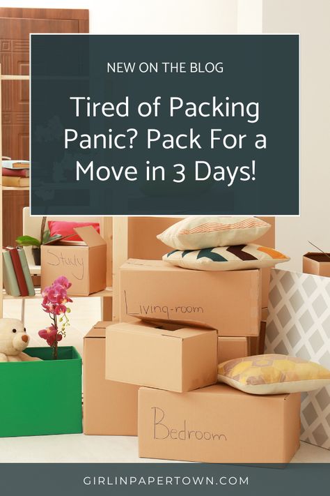 Tired of packing panic? Pack for a move in 3 days! - how to pack for a move in 3 days, how to pack for a move with kids, packing and moving tips, decluttering for a move Tips For Packing To Move Houses, Packing Timeline For Moving, Packing Tips Moving, Packing For A Move, Tips For Moving Out, Moving Timeline, Moving House Tips, Moving Hacks Packing, Organizing For A Move