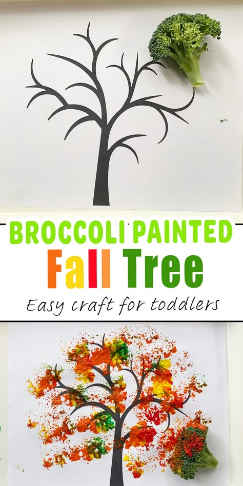 Broccoli Painted Fall Tree Craft with free printable - Happy Toddler Playtime Painting With Broccoli, Harvest Toddler Crafts, Preschool Fall Tree Crafts, November Toddler Crafts, Broccoli Painting, Tree Crafts For Toddlers, Fall Art For Toddlers, Thrive Activities, Preschool Autumn