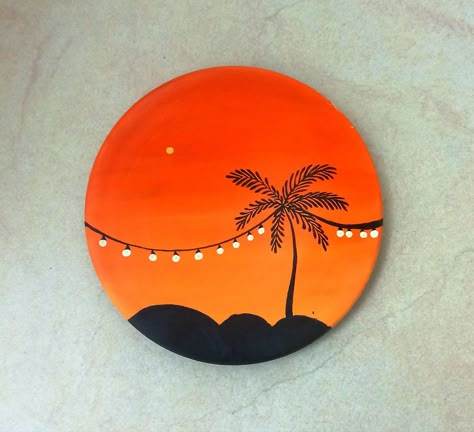 Painting On Round Cardboard, Round Painting Ideas On Canvas, Round Cardboard Painting Ideas, Round Canvas Painting Ideas Easy, Sip N Paint Ideas, Coaster Painting, Wood Painting Ideas, Cd Painting, Plate Painting