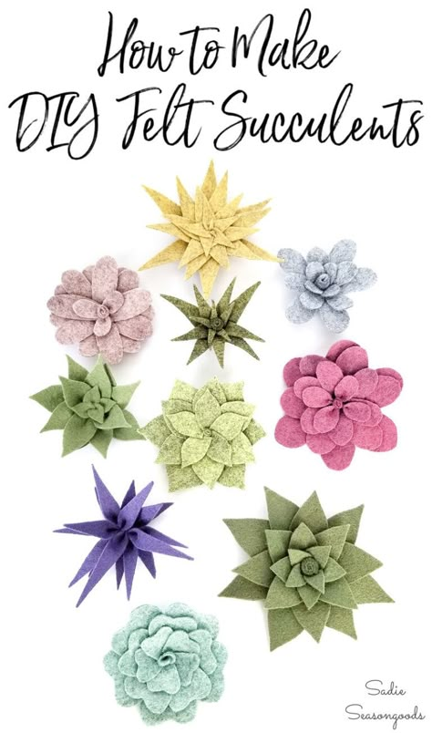 Felt succulents to use in centerpieces Felt Cactus Flower, Felt Succulents Template Free, Felt Succulents Template, Fabric Succulents, Diy Flower Decorations, Decorations With Paper, Felt Plants, Flowers For Beginners, Felting Crafts