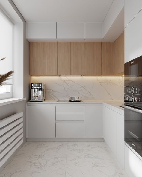 This is a kitchen with white bottom cabinets and light wood top cabinets. The backsplash is made of white marble tile that matches the floor. Beige Kitchen, Rustic Modern Kitchen, Kitchen Interior Design Decor, Kitchen Interior Design Modern, Kitchen Design Plans, White Kitchen Design, House Design Kitchen, Kitchen Design Decor, Kitchen Room Design