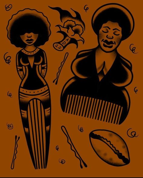 Poc Tattoo, Black Pinup Tattoo, Afro American Traditional Tattoo, Afro Art Tattoo Ideas, Afropunk Tattoo, The Wiz Tattoo, Pinup Tattoo Black Women, African American Tattoo Ideas For Women, African American Traditional Tattoo