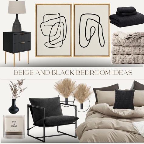 Transform your bedroom into a sophisticated retreat with black and beige decor. Explore a curated collection featuring elegant bedding, ambient lighting, a stylish chair, and chic decor elements. Embrace the timeless allure of black and beige tones, creating a harmonious and luxurious retreat. Discover inspiring ways to elevate your bedroom with a blend of classic and modern design. 🌙✨ #BlackAndBeigeBedroom #BedroomDecor #SophisticatedRetreat #NeutralElegance Cream Black Grey Bedroom, Black And Beige Decor, Black And Beige Bedroom Ideas, Beige Black Bedroom, Bedroom Inspirations Beige, Beige And Black Bedroom Ideas, Black And Cream Bedroom Ideas, Neutral And Black Bedroom, Black And Beige Bedroom