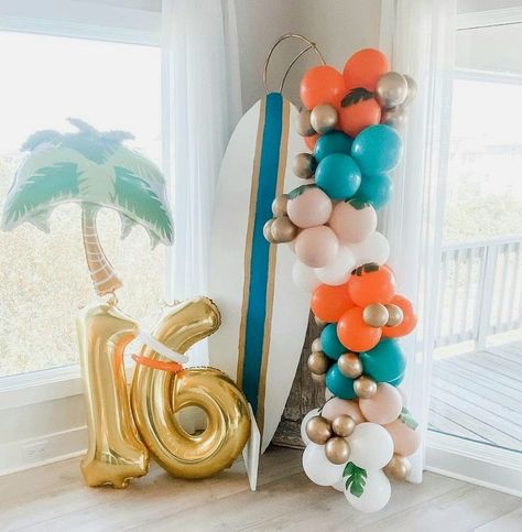 Surfer Party Decorations, Waves Four Days Birthday, Surf Party Decor, Surf Party Theme, Beachy Graduation Party, Summer Event Decor, Surfer Theme Birthday Party, Surf Party Food, Surf Party Favors