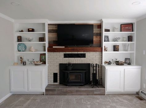 Fireplace With Cabinets, Bookshelves Around Fireplace, Distressed Fireplace, Beam Fireplace, Wood Fireplace Surrounds, Rustic Fireplace Mantels, Fireplace Mantel Shelf, Built In Shelves Living Room, Shelf Decor Living Room