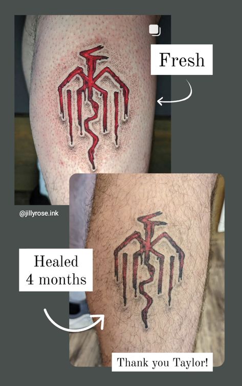 Dragon Age tattoo "carved into skin" style Healed four months Placement: outer calf Dragon Age Tattoo, Age Tattoo, Skin Tattoo, Face Tattoo, Dragon Age, I Tattoo, Tatting, Carving, Tattoos