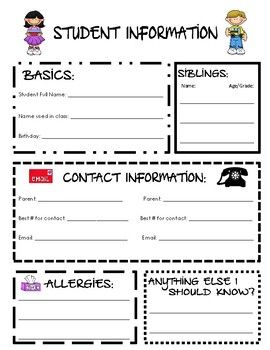 Use this student information page in the beginning of the year to get to know your students! Student Information Sheet Preschool, School Memory Binder, Student Information Form, Student Information Sheet, Teaching Binder, Get To Know Your Students, Classroom Organization Elementary, Starting A Daycare, Infant Lesson Plans