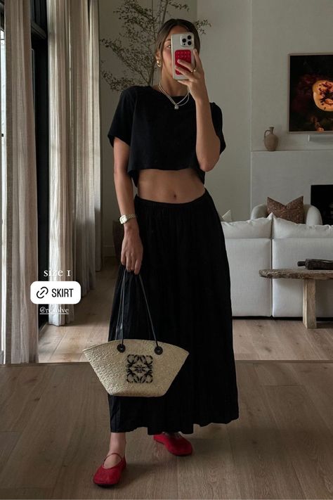 if you want some summer or fall transitional pieces, shop all my summertime favorites, including this black peasant maxi skirt by clicking on this pin! If you need casual mom outfit ideas or summer outfit ideas, I'm your girl. Details are linked on my LTK, tap to shop and be sure to scroll around to see the other looks I'm styling! Peasant Skirt Outfit, Mom Outfit Ideas, Maxi Skirt Outfit, Mom Outfit, Casual Outfits For Moms, Peasant Skirt, Red Fall, Maxi Skirt Outfits, Summer Outfit Ideas