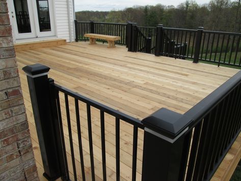 Deck Handrail, Porch Railing Designs, Black Pergola, Black Railing, Deck Skirting, Deck Railing Design, Natural Building Materials, Cedar Deck, Outdoor Buildings