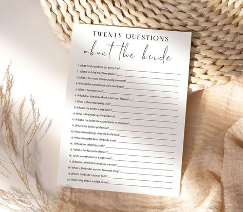 Questions About The Bride, Twenty Questions, Party Hacks, 20 Questions, Bridal Shower Game, Embarrassing Moments, Some Games, Bridal Shower Games, Bride To Be