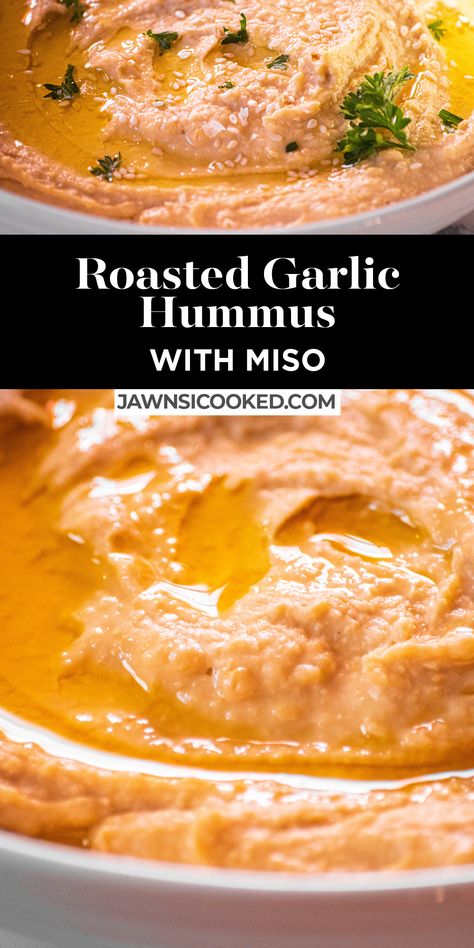 This super simple and flavorful Roasted Garlic Hummus with Miso is a great homemade hummus recipe you can whip up for guests! A creamy and umami packed dip, it's a great vegan hummus that everyone can enjoy! Ww Dips, Tailgate Snack, Crockpot Party Food, Homemade Hummus Recipe, Easy Sauce Recipe, Hummus Ingredients, Hummus Recipe Homemade, Roasted Garlic Hummus, Hummus And Pita