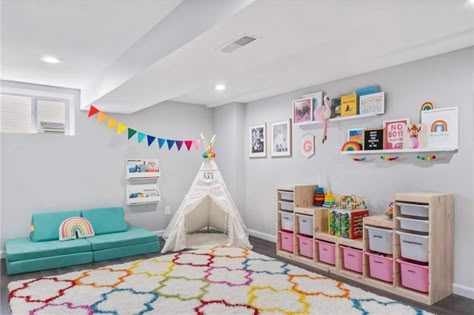 Colorful Basement Playroom, Playroom Ideas Colors, Shabby Chic Playroom, Playroom Ideas Rainbow, Playroom Decor Colorful, Rainbow Themed Playroom, Basement Playroom Decor, Kids Playroom Loft, Themed Playroom Ideas