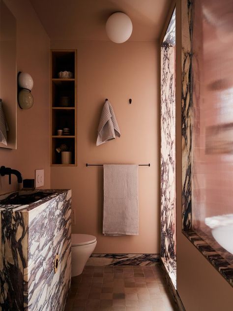 PROSPECT HEIGHTS APARTMENT — Shapeless Studio Mauve Bathroom, 70s Architecture Bathroom, Terra-cotta Shower Curtain, Small Bathroom Makeover, Interior Accents, Classic Interior Design, House On The Rock, Interior Renovation, Bathroom Inspiration Decor