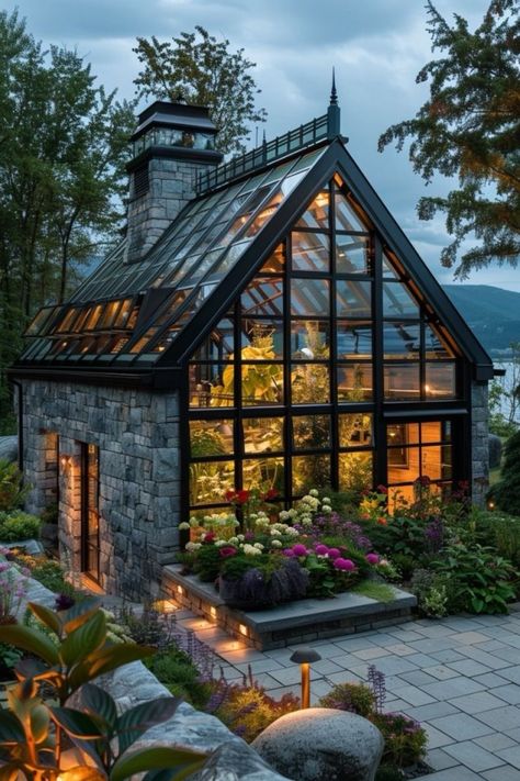 Glass Greenhouse With Fireplace, Sunroom Greenhouse Addition, Green House With Fireplace, Greenhouse House Extension, Attached Greenhouse Sunroom Conservatory, Greenhouse Office Space, Green House Office, Greenhouse Fireplace, Greenhouse With Fireplace