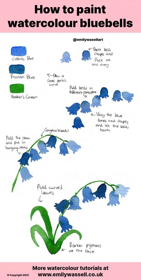 Bluebells Watercolour Paintings, Blue Water Colour Flowers, How To Paint Watercolour Flowers, How To Watercolour Paint, Watercolor Paint Tutorial, Bluebells Flower Drawing, How To Paint Flowers Watercolor, Flower Tutorial Painting, Watercolour Flowers Tutorial