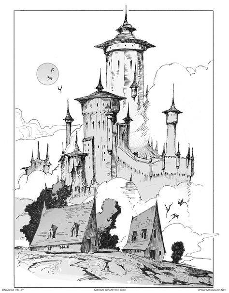 Pen Art Drawings, Architecture Design Drawing, Paintings And Drawings, Building Art, Fantasy Castle, Fantasy Art Landscapes, Literature Art, Architecture Sketch, Environment Concept Art