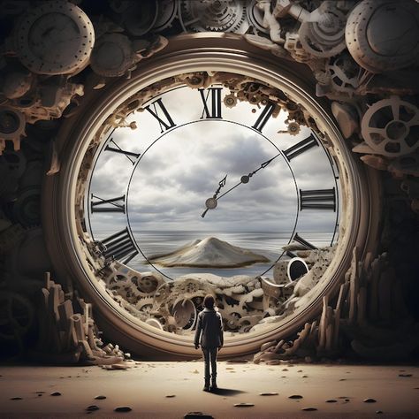 Premium AI Image | Photo Surreal view man standing front of time clock The importance of time concept creative ai Surreal Clock, Time Travel Pictures, Time Travel Art, Huge Clock, Time Portal, Time Concept, Surreal Photography, Poster Graphics, Time Passing