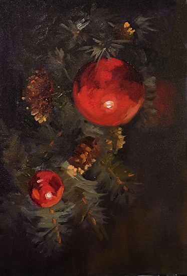 Penny French-Deal - The Red Ornament- Oil - Painting entry - December 2017 | BoldBrush Painting Competition Moody Painting, Santa Paintings, Painting Competition, Oil Pastel Paintings, Christmas Tree Painting, Red Ornaments, Holiday Wallpaper, Artwork Images, Christmas Drawing