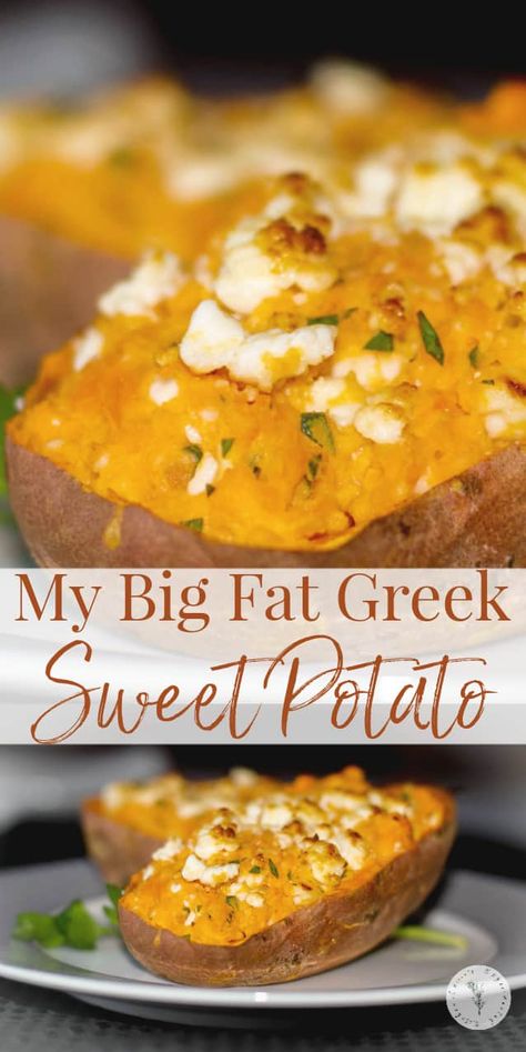 Greek Stuffed Sweet Potato, Mediterranean Baked Sweet Potatoes, Sweet Potato And Feta Recipes, Mediterranean Diet Sweet Potato Recipes, Mediterranean Sweet Potato Recipes, Sweet Potato Mediterranean, Sweet Potato Greek Yogurt, Greek Sweet Potato, Sweet Potato Yogurt