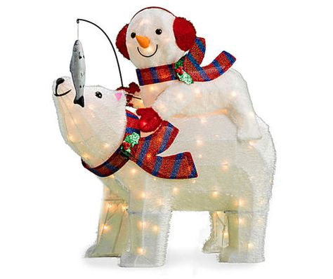 This polar pair have traveled from the frozen lake to bring delightful seasonal design to your home. Wearing warm scarves, a ear muff snowman holds out a fish as he rides on his polar bear friend. Illuminating from within by charming lights, this piece is perfect for adding to your Christmas time display. Warm Scarves, Polar Bear Christmas, Nautical Christmas, Christmas Apartment, Bear Character, True Winter, Winter Festival, Frozen Lake, Snowman Decorations