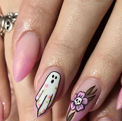 Janelle Akers on Instagram: "Anytime is spooky time 💀 #ghostnails #halloweennails" Pink Ghosts Nails, Pastel Spooky Nails, Ghost Flower Nails, Summer Witchy Nails, Ghost Nails, Spooky Nail, Skull Nail Art, Horror Nails, Halloween Foods