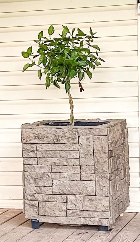 Easy Porch Makeover Using Stone:Planter Boxes | Hometalk Front Door Curb Appeal, Stone Planter, Deck Planters, Front Porch Makeover, Stone Step, Porch Swing Bed, Diy Grill, Diy Planter Box, Deck Paint